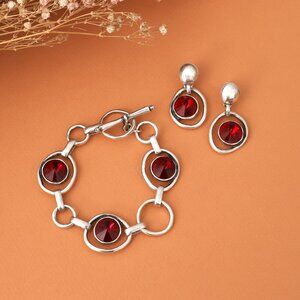 Bohemian Style Silver Red Crystal Bracelet and Earrings Set